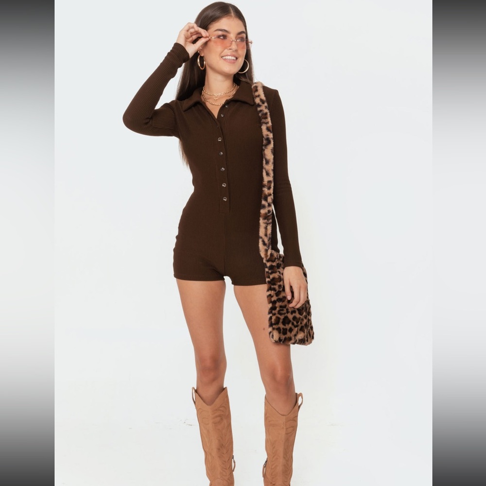 Edikted Kelsy Ribbed Romper Brown